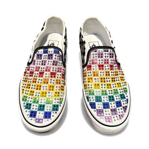 Custom Vans Slip-On Shoes Rainbow Checkered Rhinestone Pride Bling Festival - Picture 3 of 5